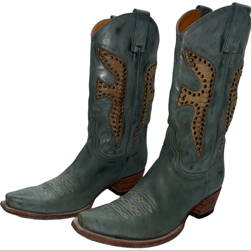 Frye Daisy Studded Turquoise Cowgirl Boots